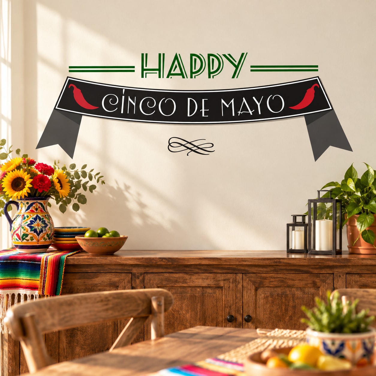 Happy Cinco de Mayo vinyl wall decal with black banner and red sombrero accents