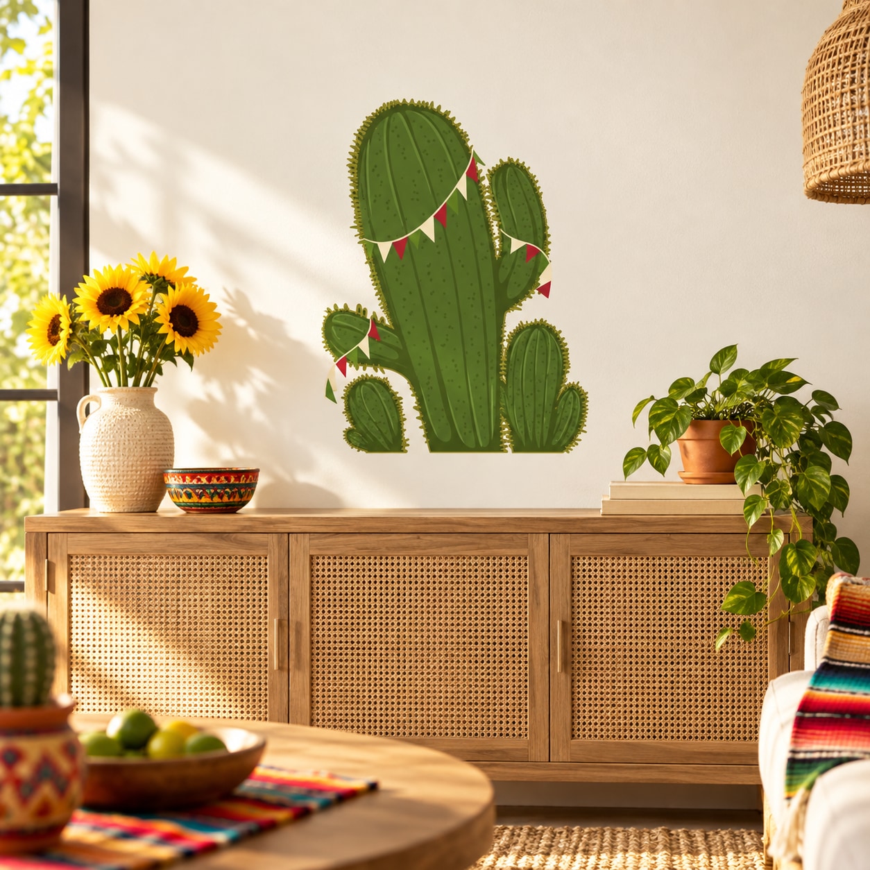 Cactus Cinco de Mayo vinyl wall decal with small triangular flags and green cactus