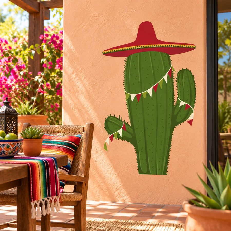 Cactus Cinco De Mayo Wall Decal - Vinyl Decal - Car Decal - Idcolor013 — illustrative vinyl decal application mockup. Surrounding objects are not included.