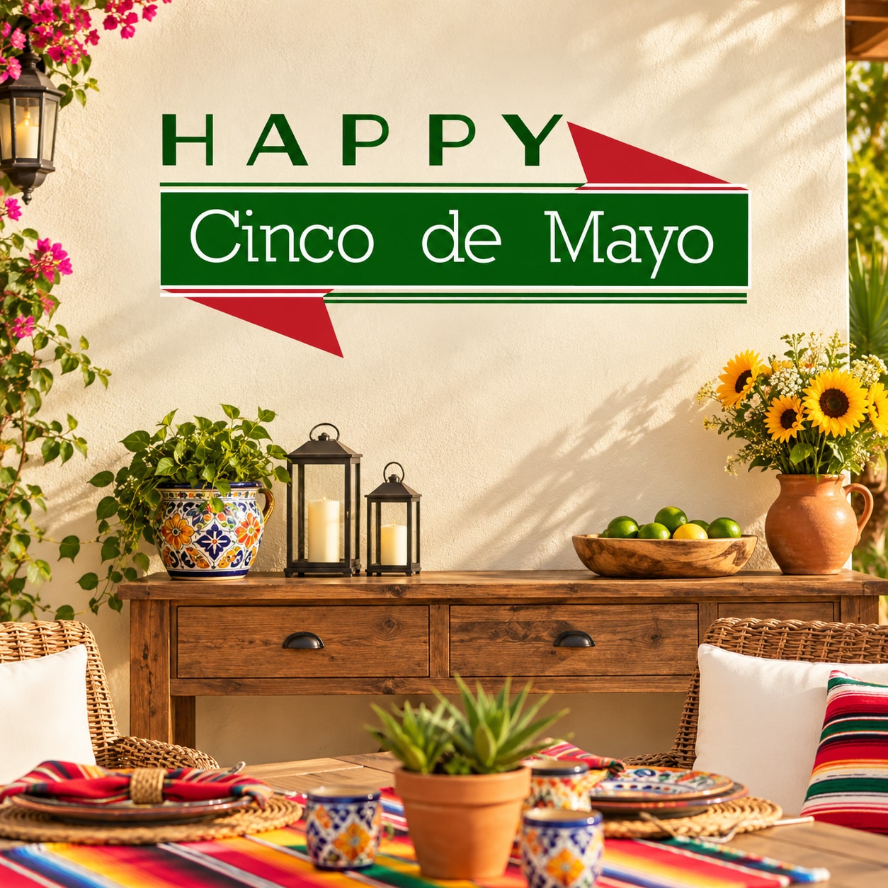 Happy Cinco de Mayo wall decal with green sign and red banners, vinyl lettering