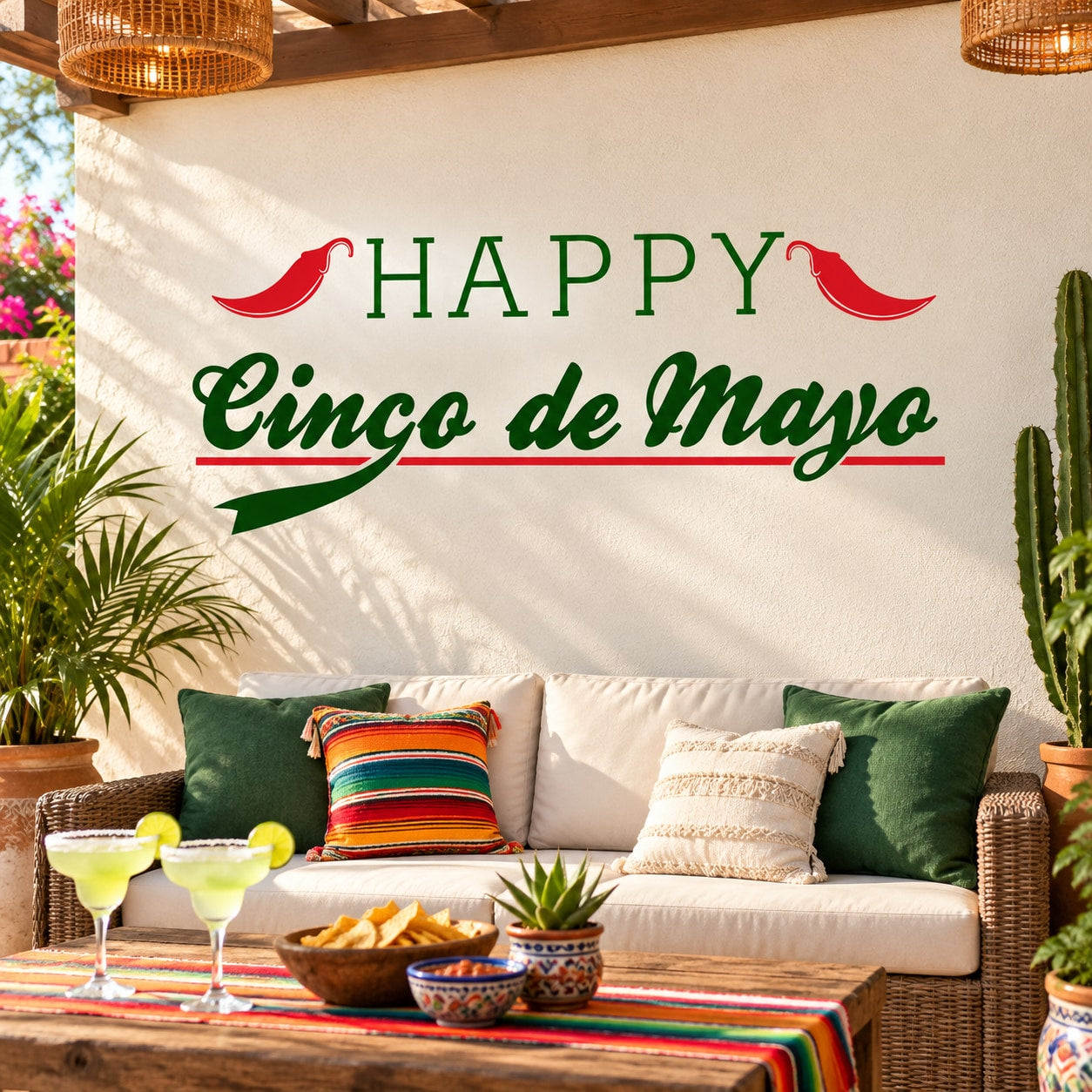 Happy Cinco de Mayo vinyl wall decal with green lettering and red chili peppers
