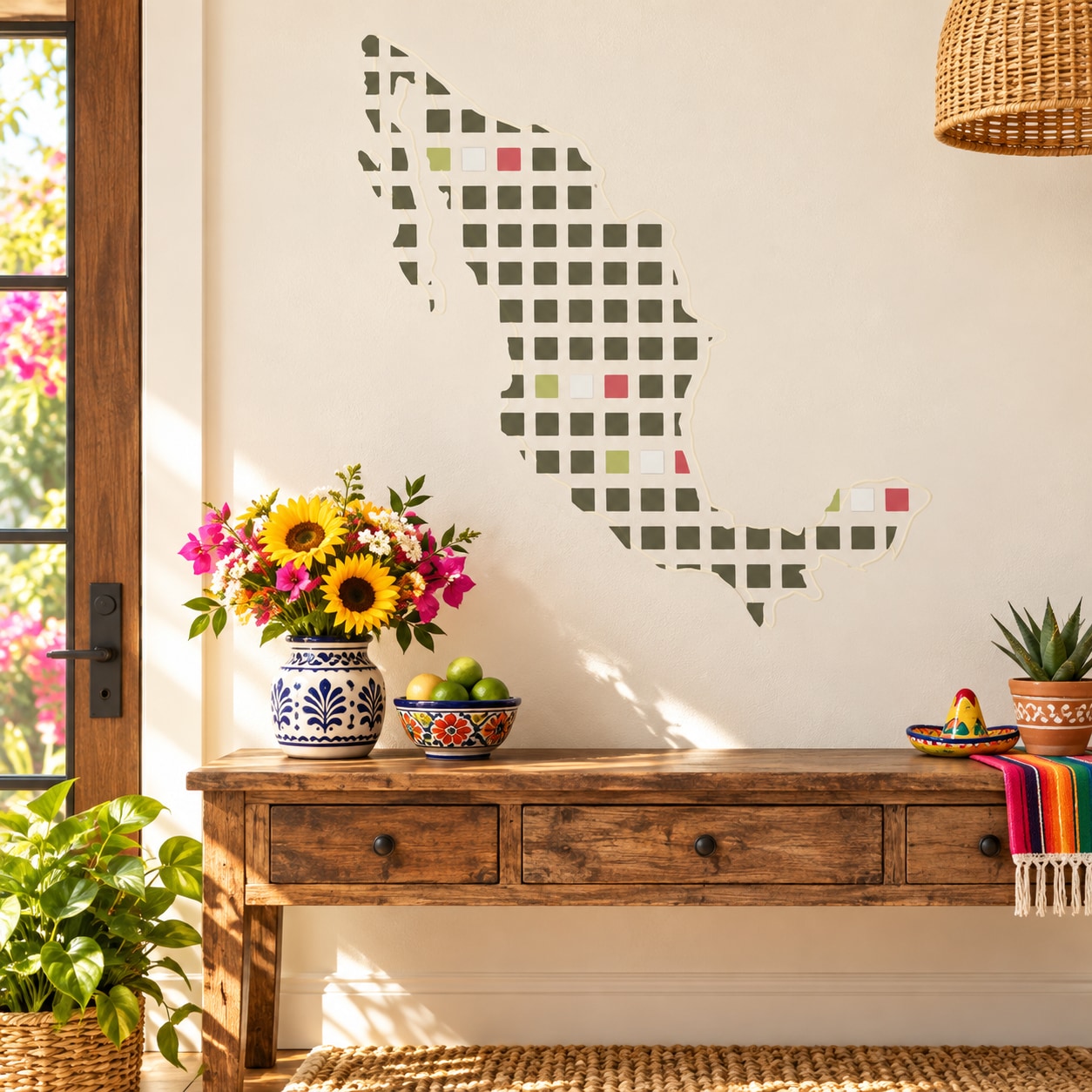 Vinyl wall decal featuring mosaic Mexico silhouette with colorful square accents