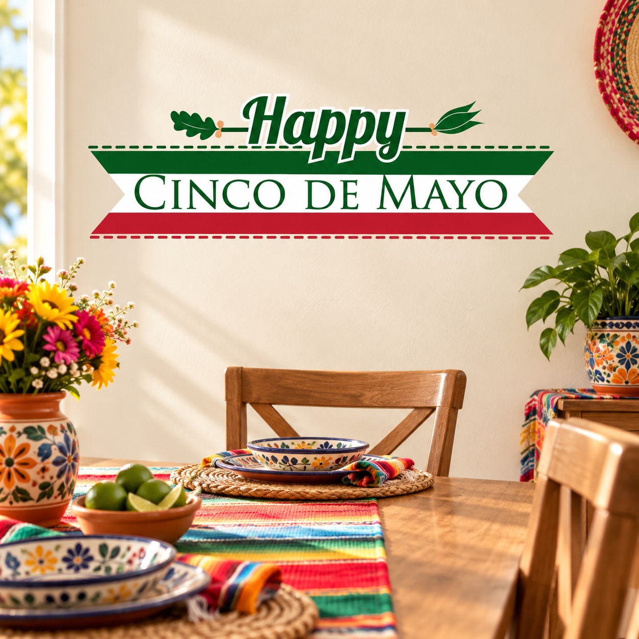Happy Cinco de Mayo wall decal with green banner, clovers, and leaves