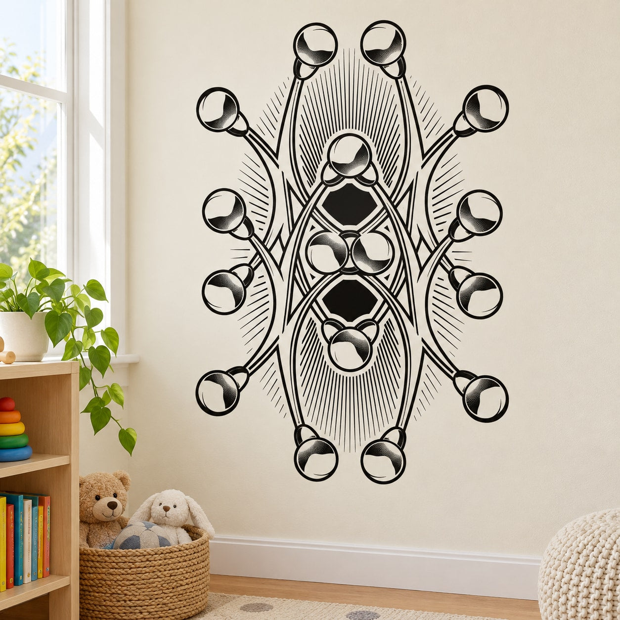 Circle design wall decal set with black geometric oval and circular node pattern