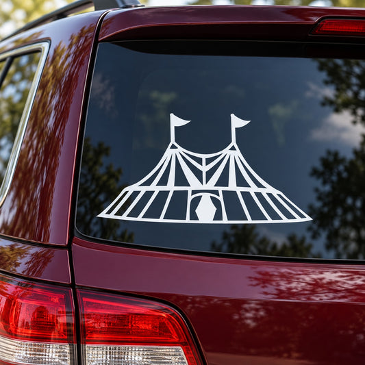 Circus tent decal: white line-art tent with pennants on car rear window