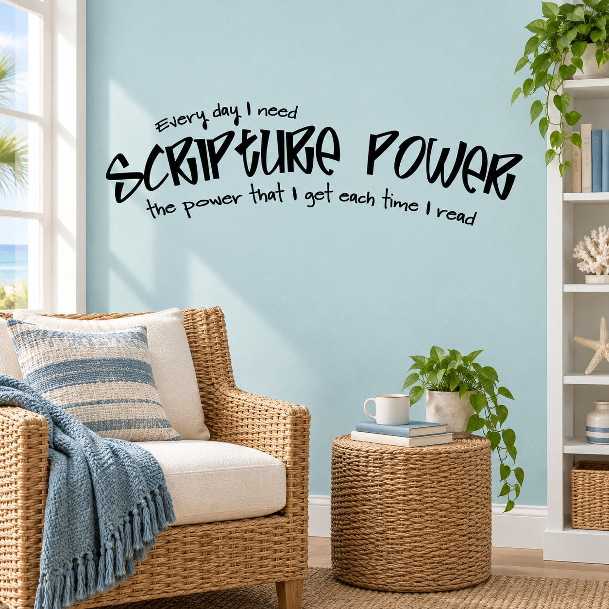 Scripture Power wall decal text quote, black lettering on light background