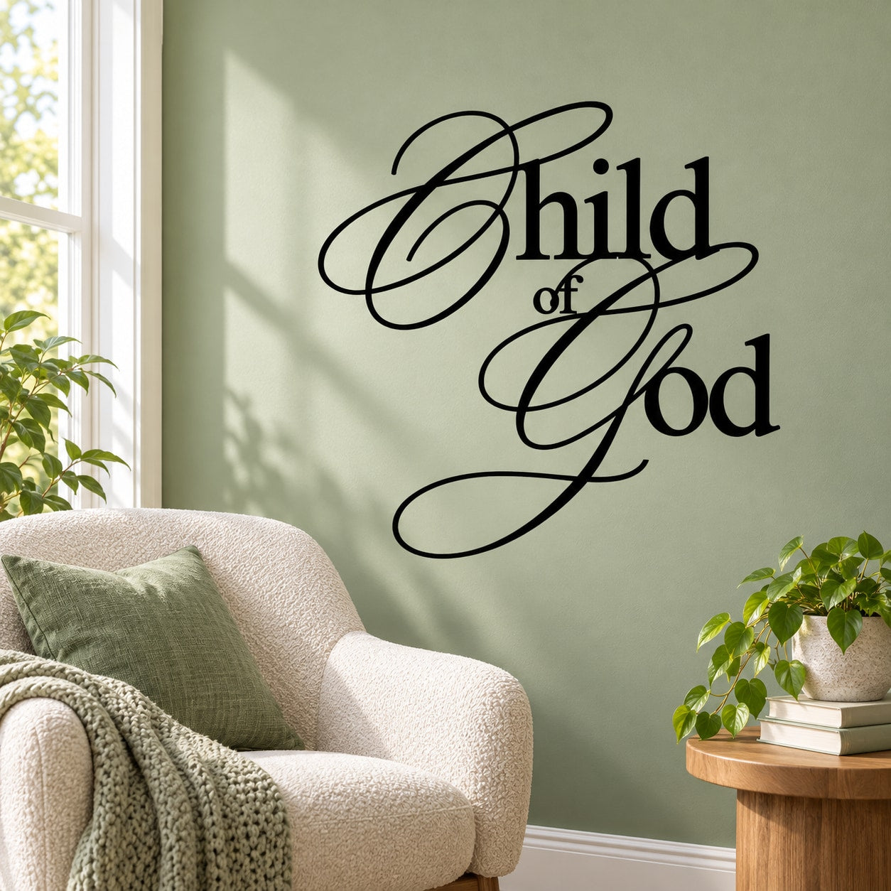 Child of God wall decal in black cursive script on a light wall