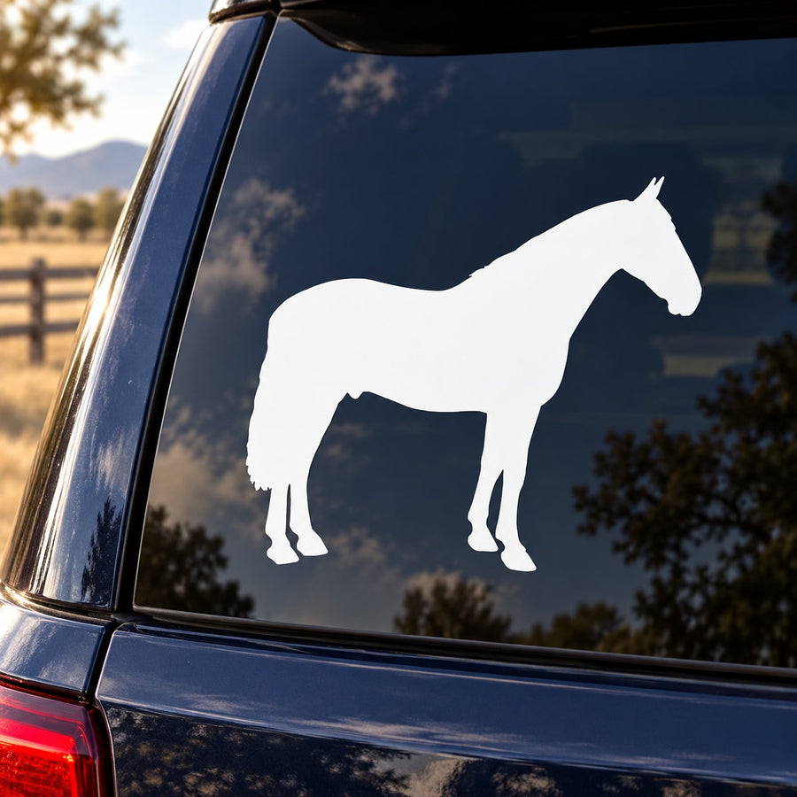 Cleveland Bay horse decal with white horse silhouette on car window