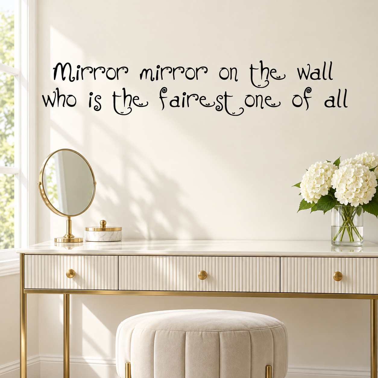 Wall decal script text: 'Mirror mirror on the wall' and 'fairest one of all'.