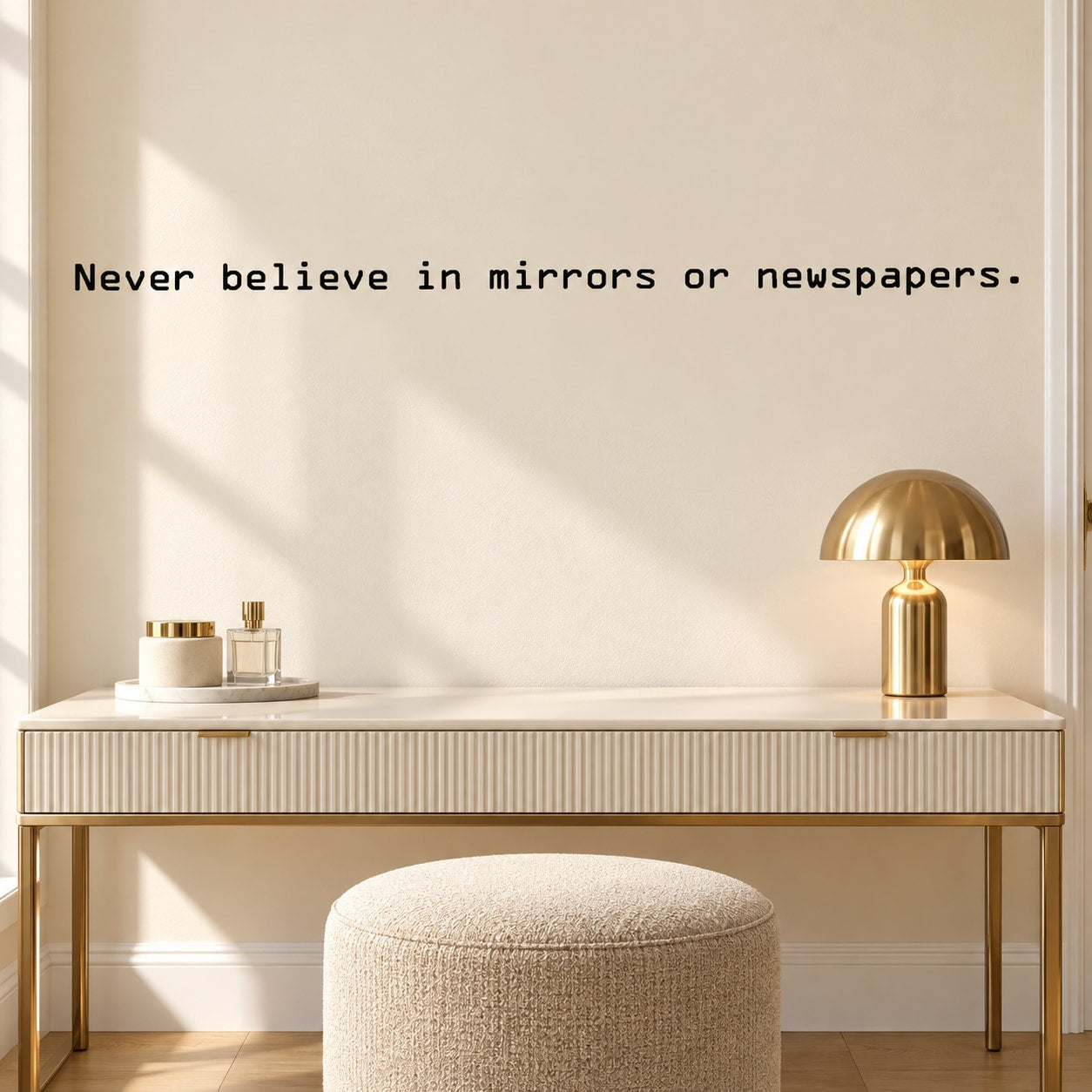 Wall decal with quote text: “Never believe in mirrors or newspapers.”