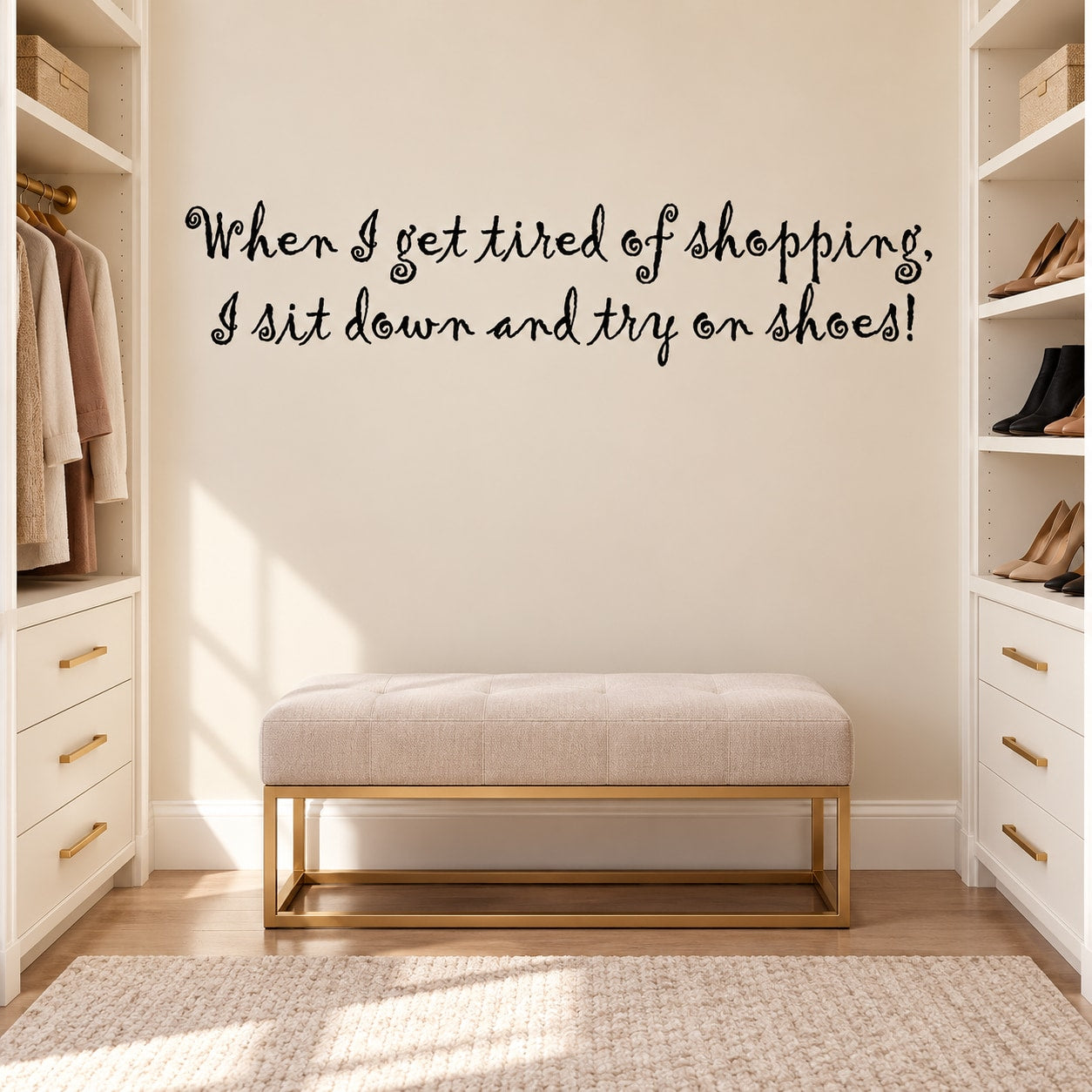 Cursive shopping quote wall decal: 'I sit down and try on shoes'