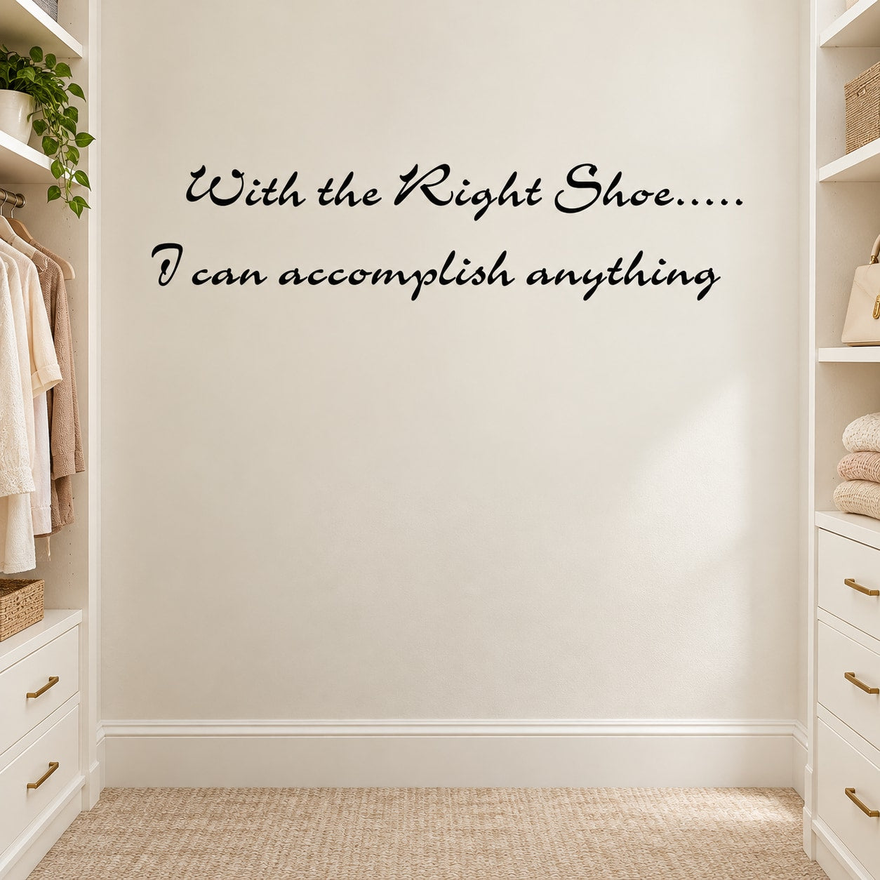 Wall decal with black cursive quote: 'With the Right Shoe... I can accomplish anything'