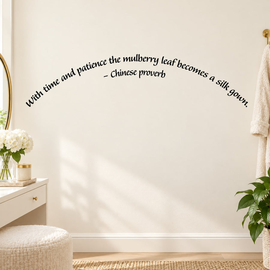 Black script quote wall decal: With time and patience...