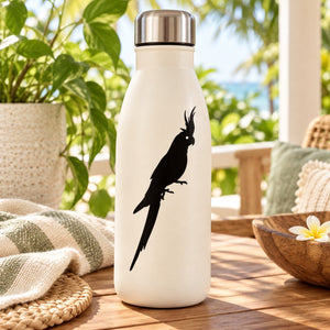 White bottle with black cockatiel decal