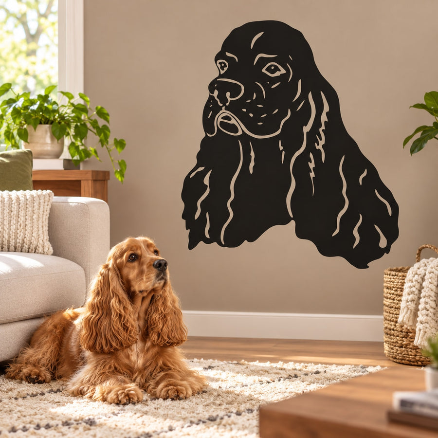 Cocker Spaniel head decal, black dog face wall sticker with detailed ears