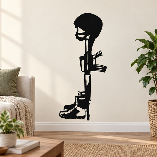 Black soldier memorial wall decal silhouette holding rifle and boots