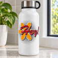 Comic effect sticker with orange-yellow 'Hey!' burst on white tumbler