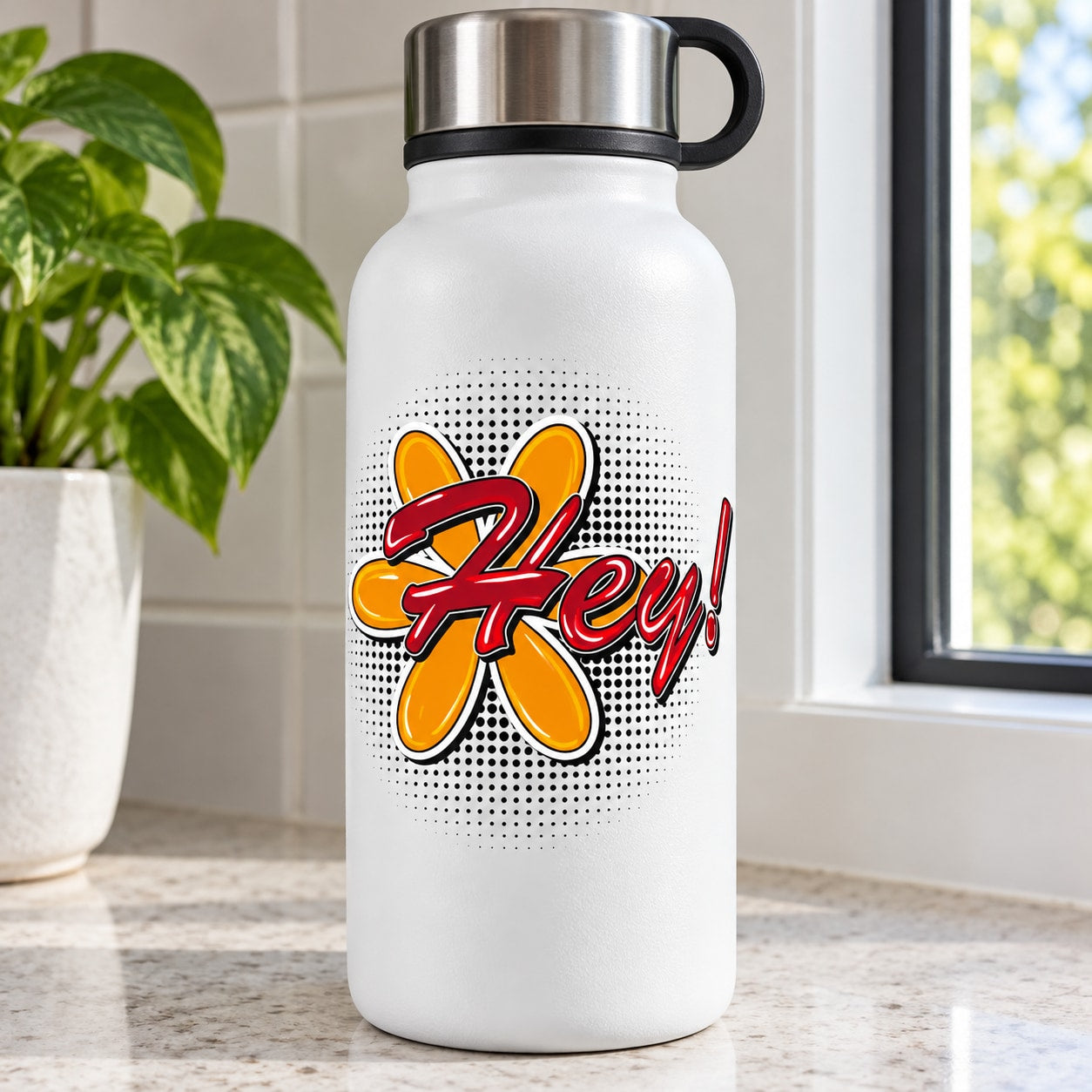 Comic effect sticker with orange-yellow 'Hey!' burst on white tumbler