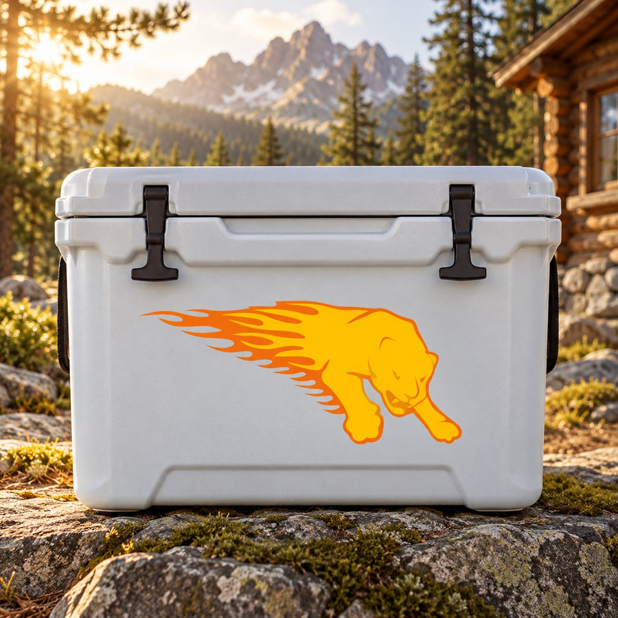 Fire burst cougar sticker decal with yellow and orange flame effect