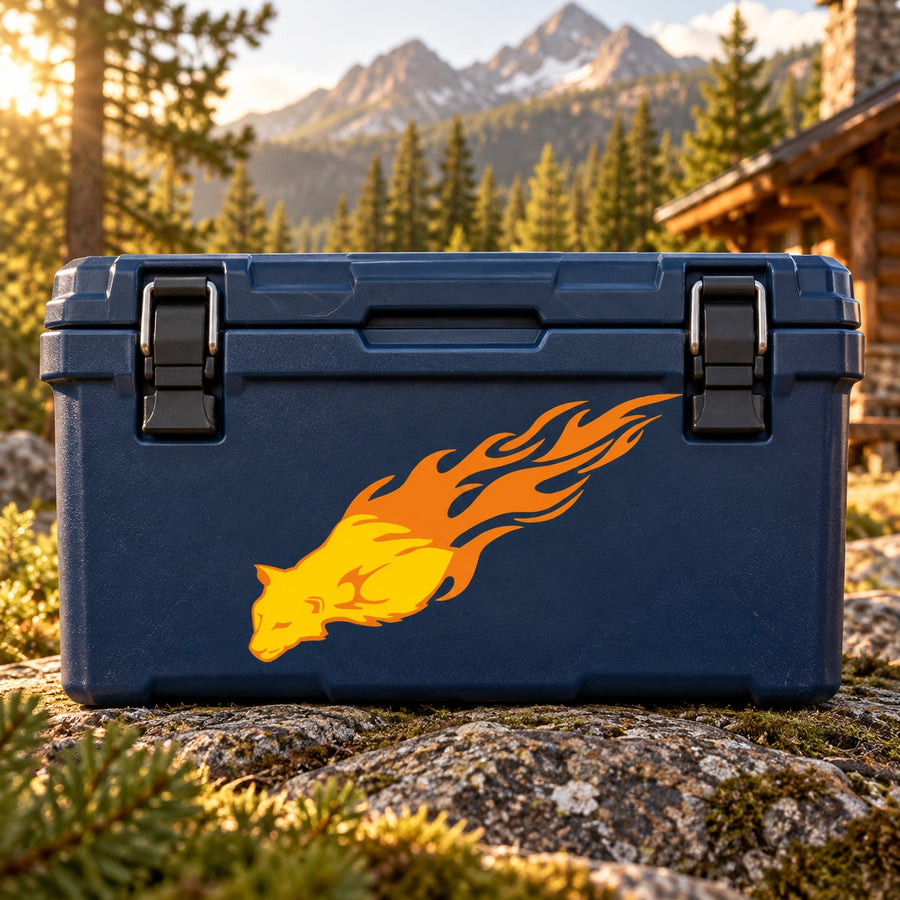 Blue sticker with orange flaming cougar graphic