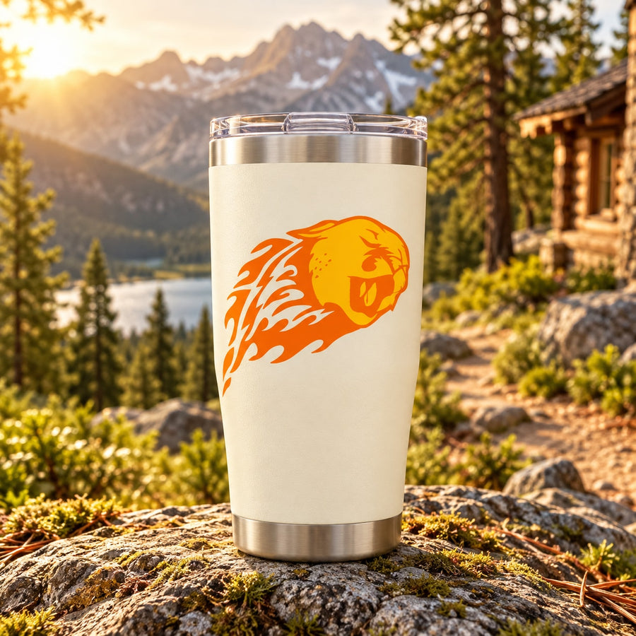 Stainless steel tumbler with orange cougar head graphic and clear lid