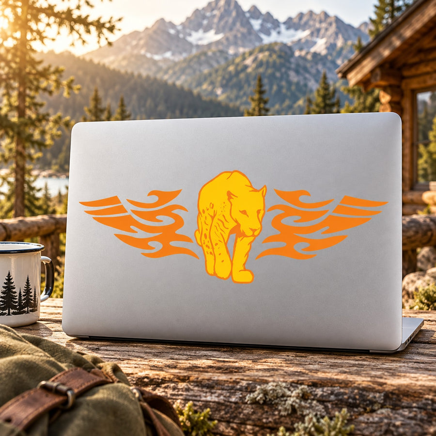 Cougar flame-wing sticker, orange cat with wing flames on white backing