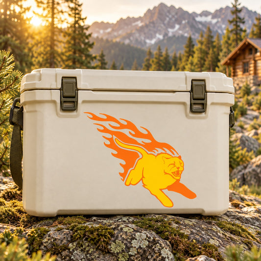 Flaming cougar graphic sticker on white cooler