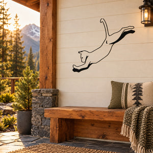 Black cougar pouncing wall decal with thin outline silhouette