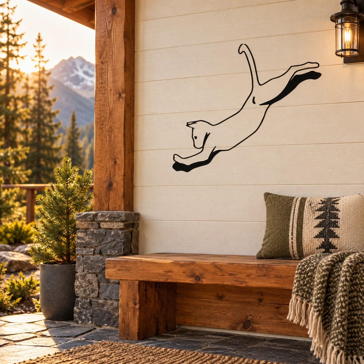 Black cougar pouncing wall decal with thin outline silhouette