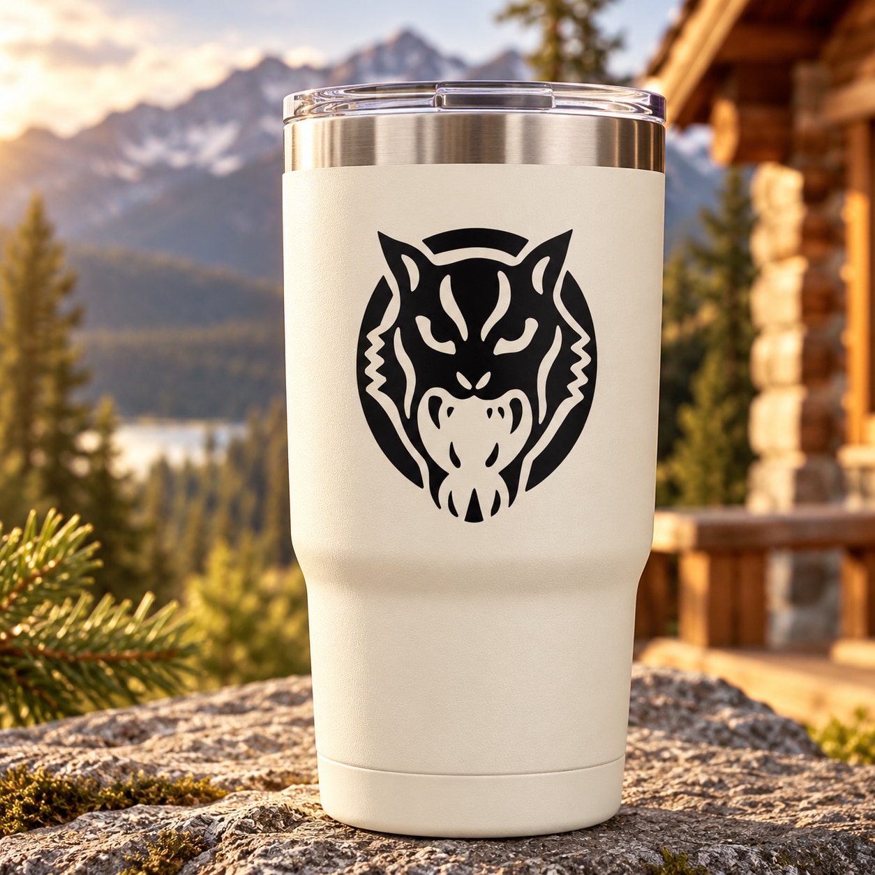 Cougar head decal on white insulated tumbler with black graphic and silver lid