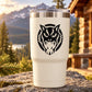 Cougar head decal on white insulated tumbler with black graphic and silver lid