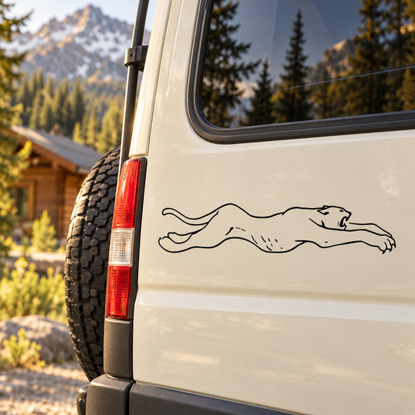 Line-art cougar decal on vehicle side panel