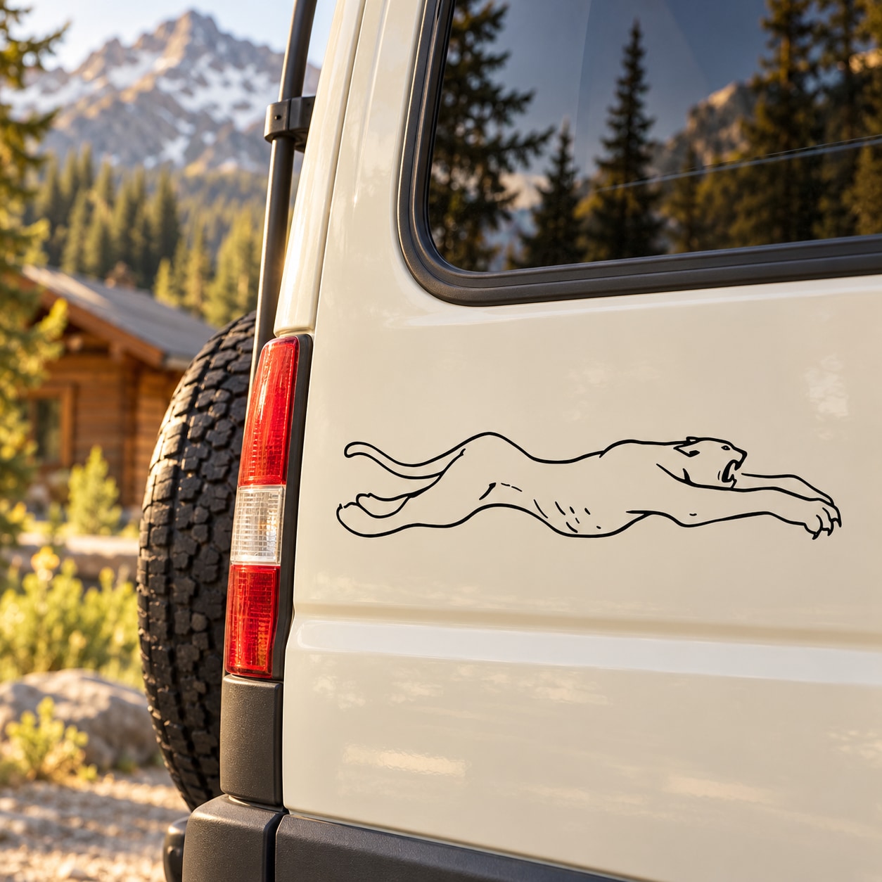 Line-art cougar decal on vehicle side panel