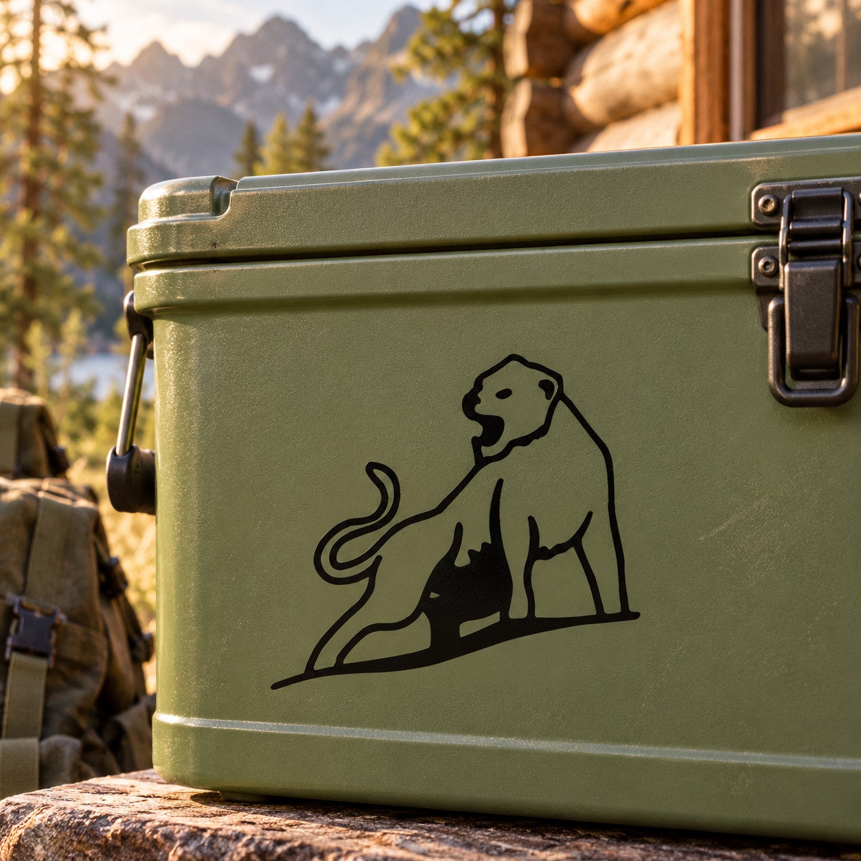 Black line-art cougar decal on olive cooler case
