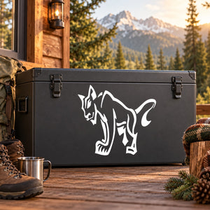 Smiling cougar decal with white illustrated cat on dark background.