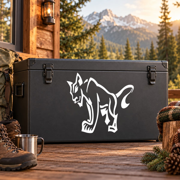 Smiling cougar decal with white illustrated cat on dark background.