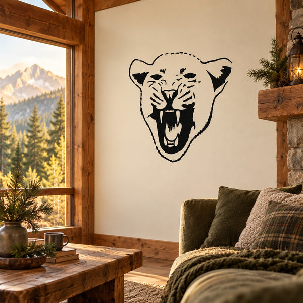 Roaring cougar cub face wall decal, black outline on light background