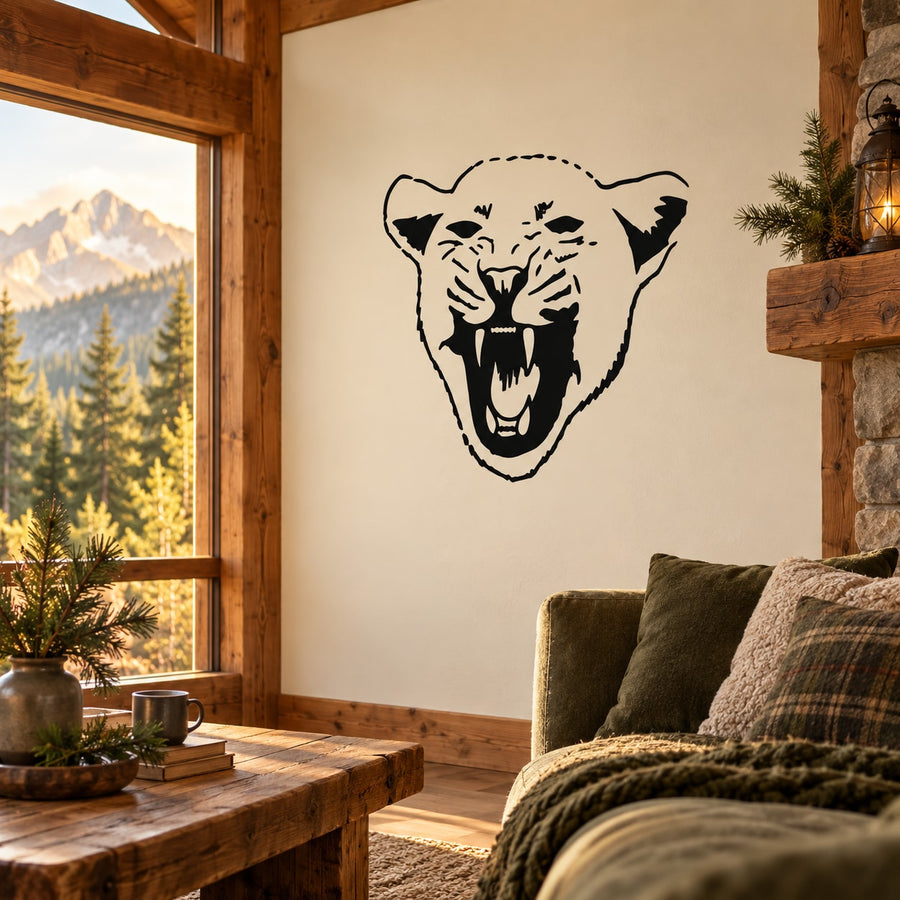 Roaring cougar cub face wall decal, black outline on light background