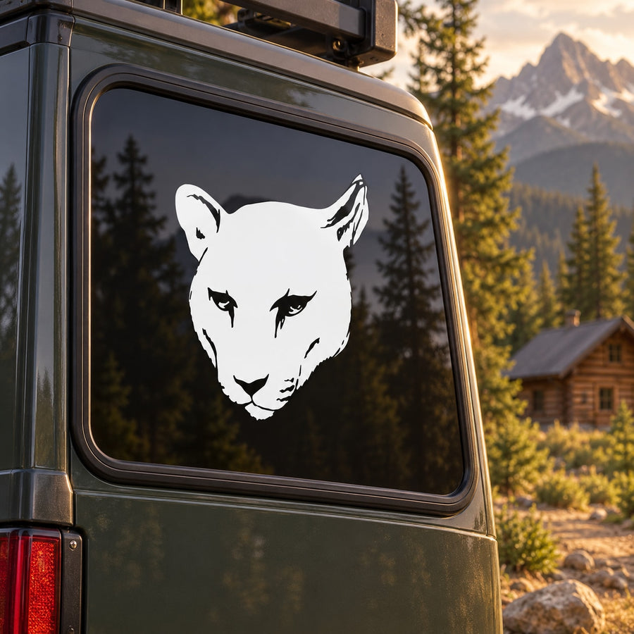 Cougar head decal, white silhouette on car window