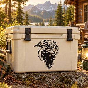 Angry cougar head decal on white cooler