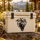 Angry cougar head decal on white cooler
