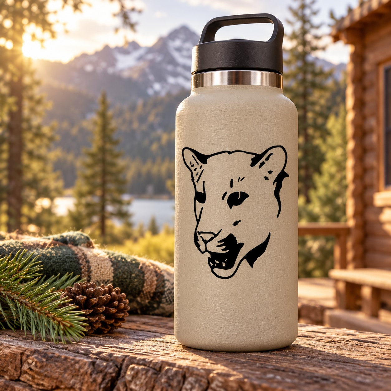 Light water bottle with black cougar head decal, on front