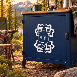 Tribal cougar head decal in white on dark blue cabinet door