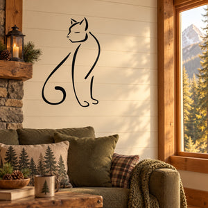 Black cougar silhouette wall decal with curled tail and ears