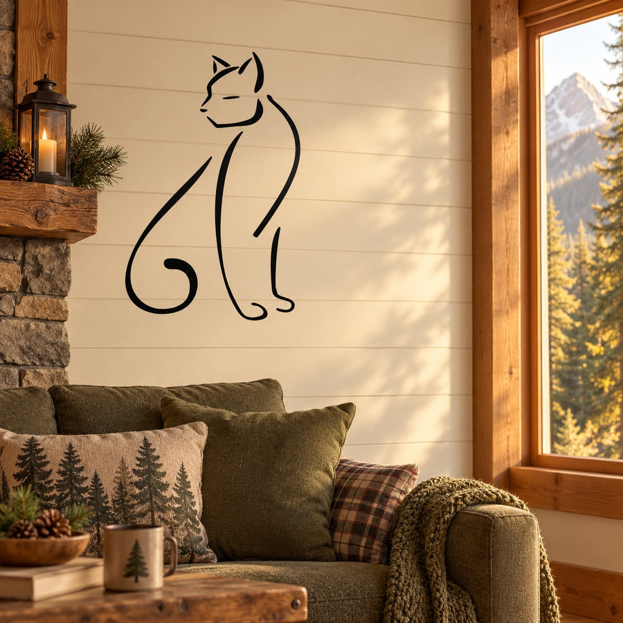 Black cougar silhouette wall decal with curled tail and ears
