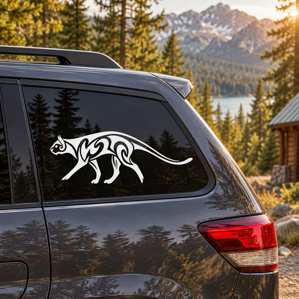Tribal cougar decal, white walking cat graphic on dark car window