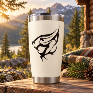 Stainless steel travel tumbler with black tribal face decal