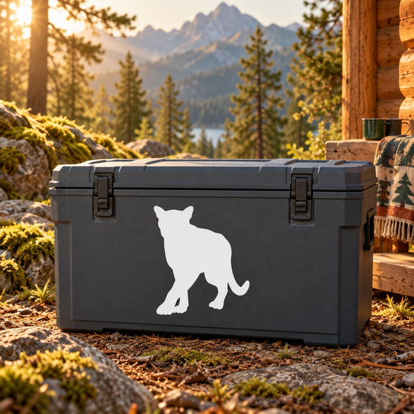 Cougar walking forward decal on dark storage box, white silhouette