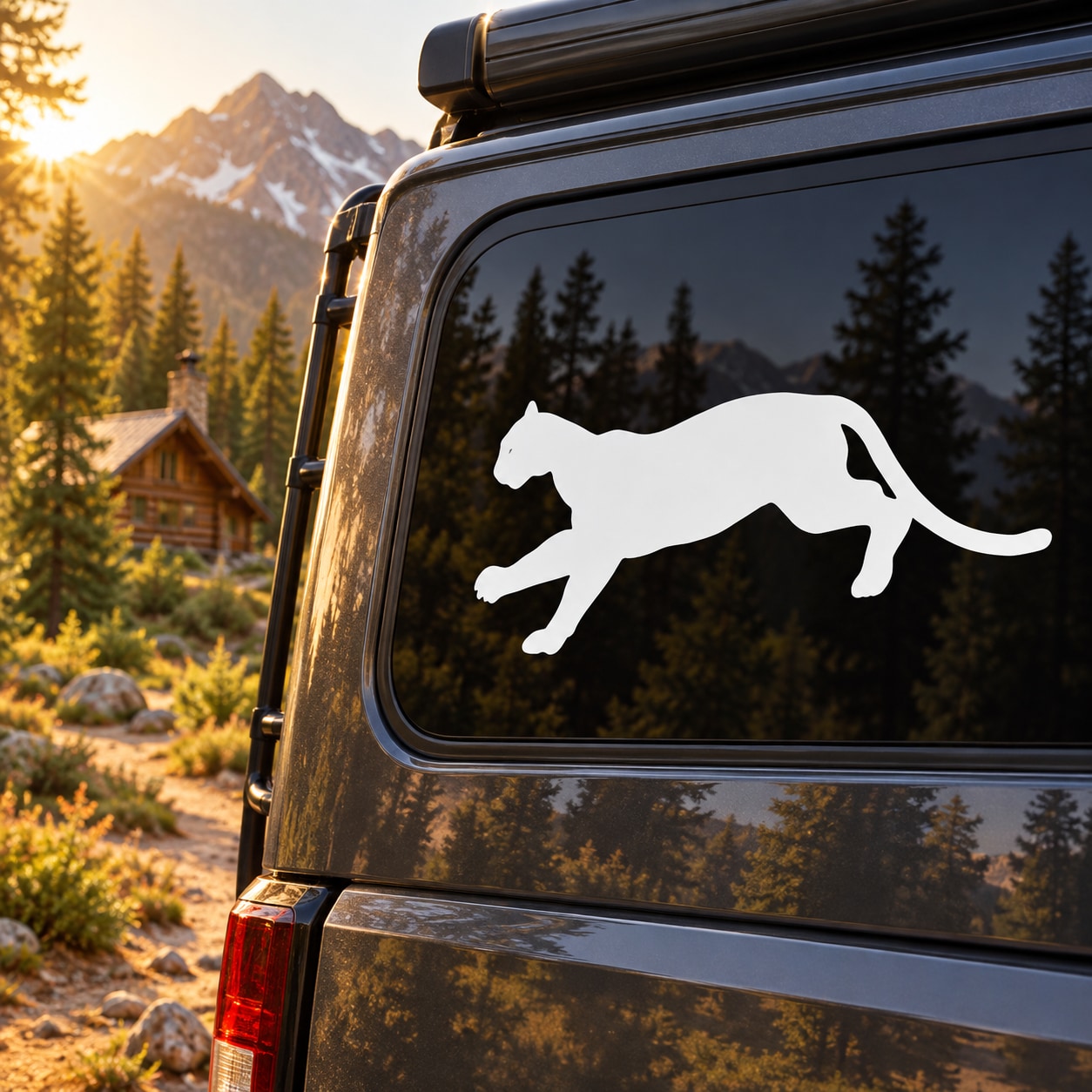 Running cougar decal sticker, white cougar silhouette on vehicle window