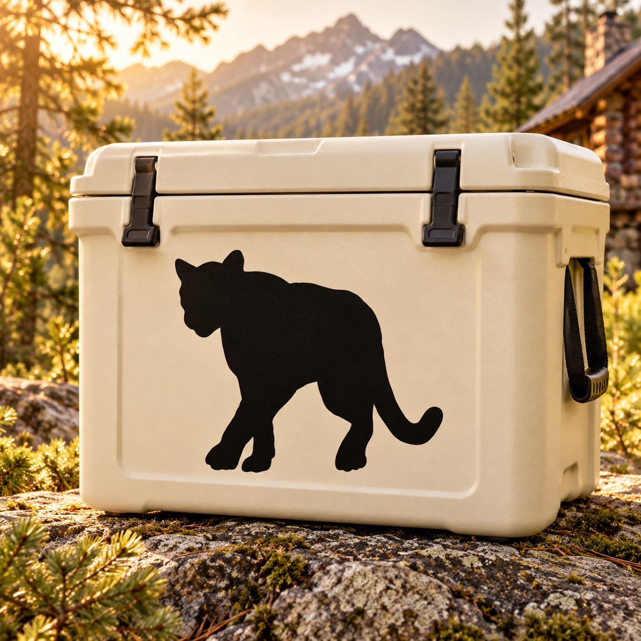 Black strolling cougar decal silhouette on light cooler lid